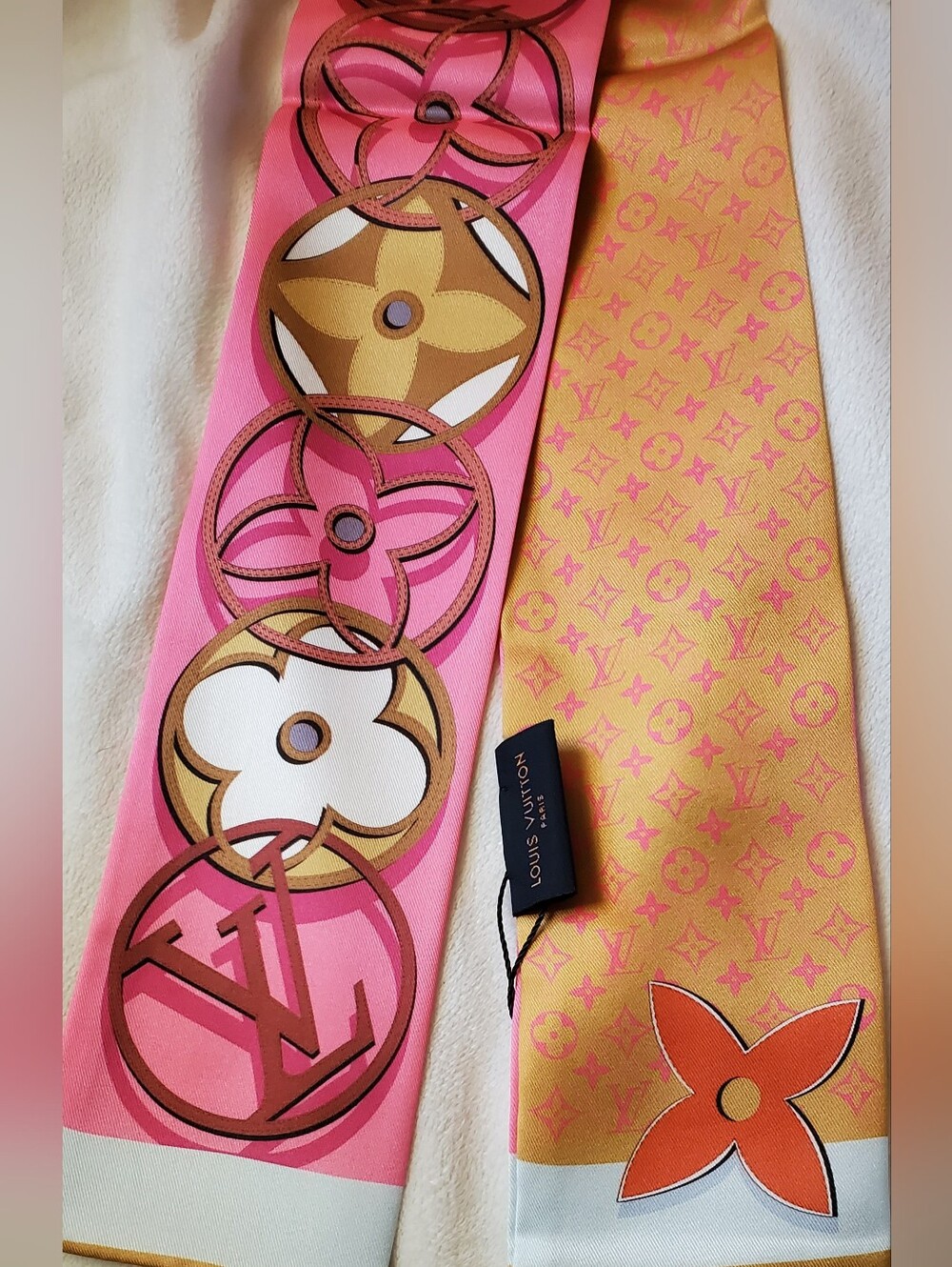 100% Silk Bag Twilly, Pink & Gold Silk Twill Scarf; PRICE IS FIRM, NO OFFERS
